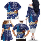 New Zealand Christmas In July Personalised Family Matching Off The Shoulder Long Sleeve Dress and Hawaiian Shirt Funny Santa Sheep Meri Kirihimete Blue