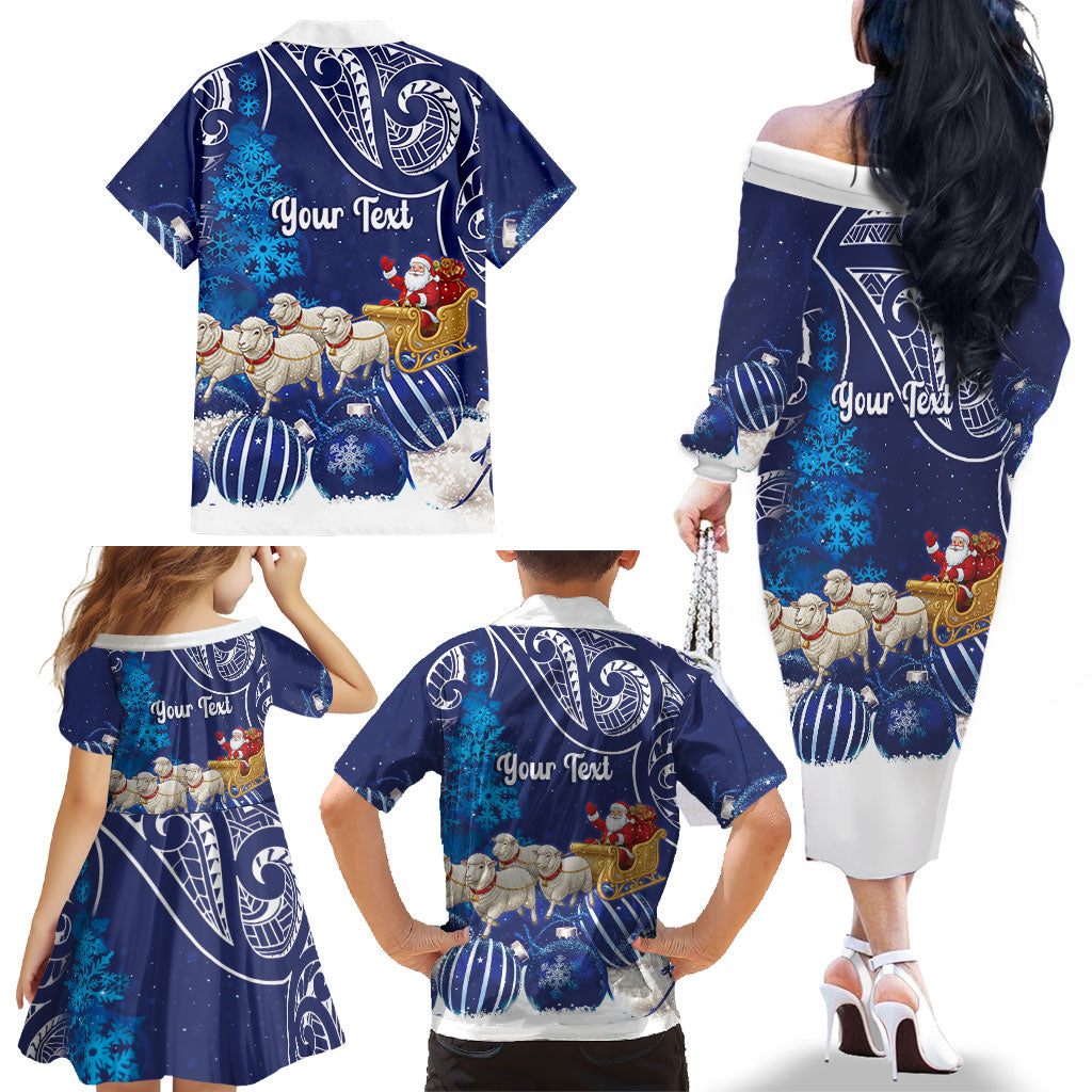 New Zealand Christmas In July Personalised Family Matching Off The Shoulder Long Sleeve Dress and Hawaiian Shirt Funny Santa Sheep Meri Kirihimete Blue