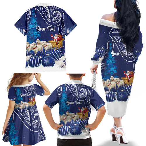 New Zealand Christmas In July Personalised Family Matching Off The Shoulder Long Sleeve Dress and Hawaiian Shirt Funny Santa Sheep Meri Kirihimete Blue