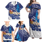 New Zealand Christmas In July Personalised Family Matching Off Shoulder Maxi Dress and Hawaiian Shirt Funny Santa Sheep Meri Kirihimete Blue