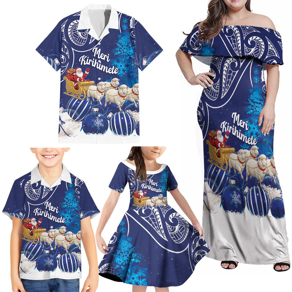 New Zealand Christmas In July Personalised Family Matching Off Shoulder Maxi Dress and Hawaiian Shirt Funny Santa Sheep Meri Kirihimete Blue