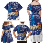 New Zealand Christmas In July Personalised Family Matching Off Shoulder Maxi Dress and Hawaiian Shirt Funny Santa Sheep Meri Kirihimete Blue