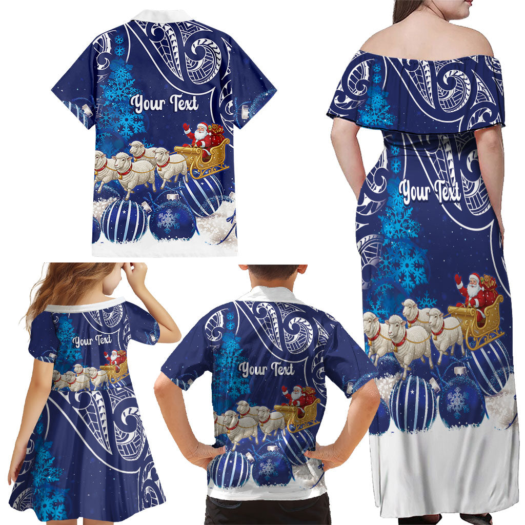 New Zealand Christmas In July Personalised Family Matching Off Shoulder Maxi Dress and Hawaiian Shirt Funny Santa Sheep Meri Kirihimete Blue