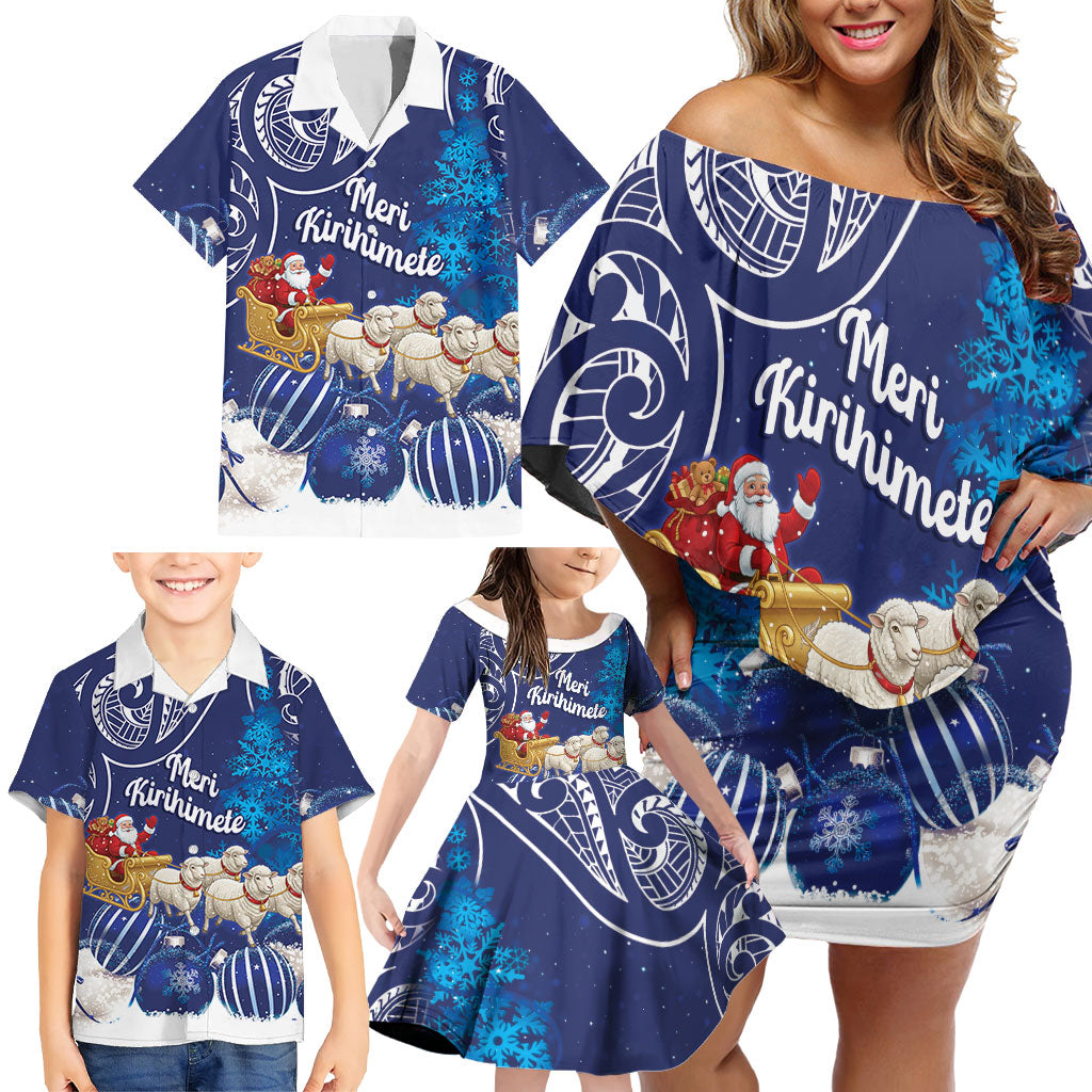 New Zealand Christmas In July Personalised Family Matching Off Shoulder Short Dress and Hawaiian Shirt Funny Santa Sheep Meri Kirihimete Blue
