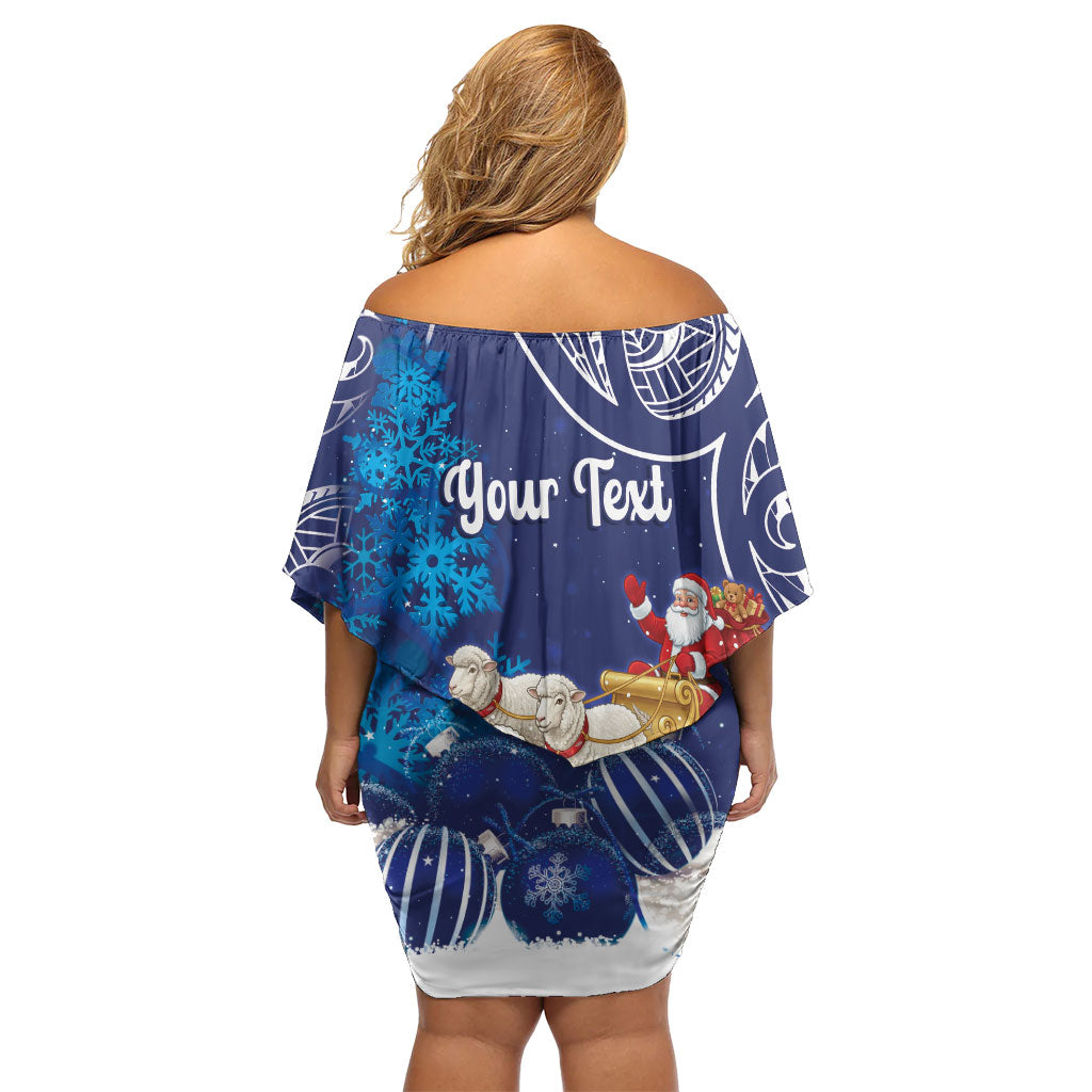 New Zealand Christmas In July Personalised Family Matching Off Shoulder Short Dress and Hawaiian Shirt Funny Santa Sheep Meri Kirihimete Blue
