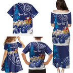 New Zealand Christmas In July Personalised Family Matching Puletasi and Hawaiian Shirt Funny Santa Sheep Meri Kirihimete Blue