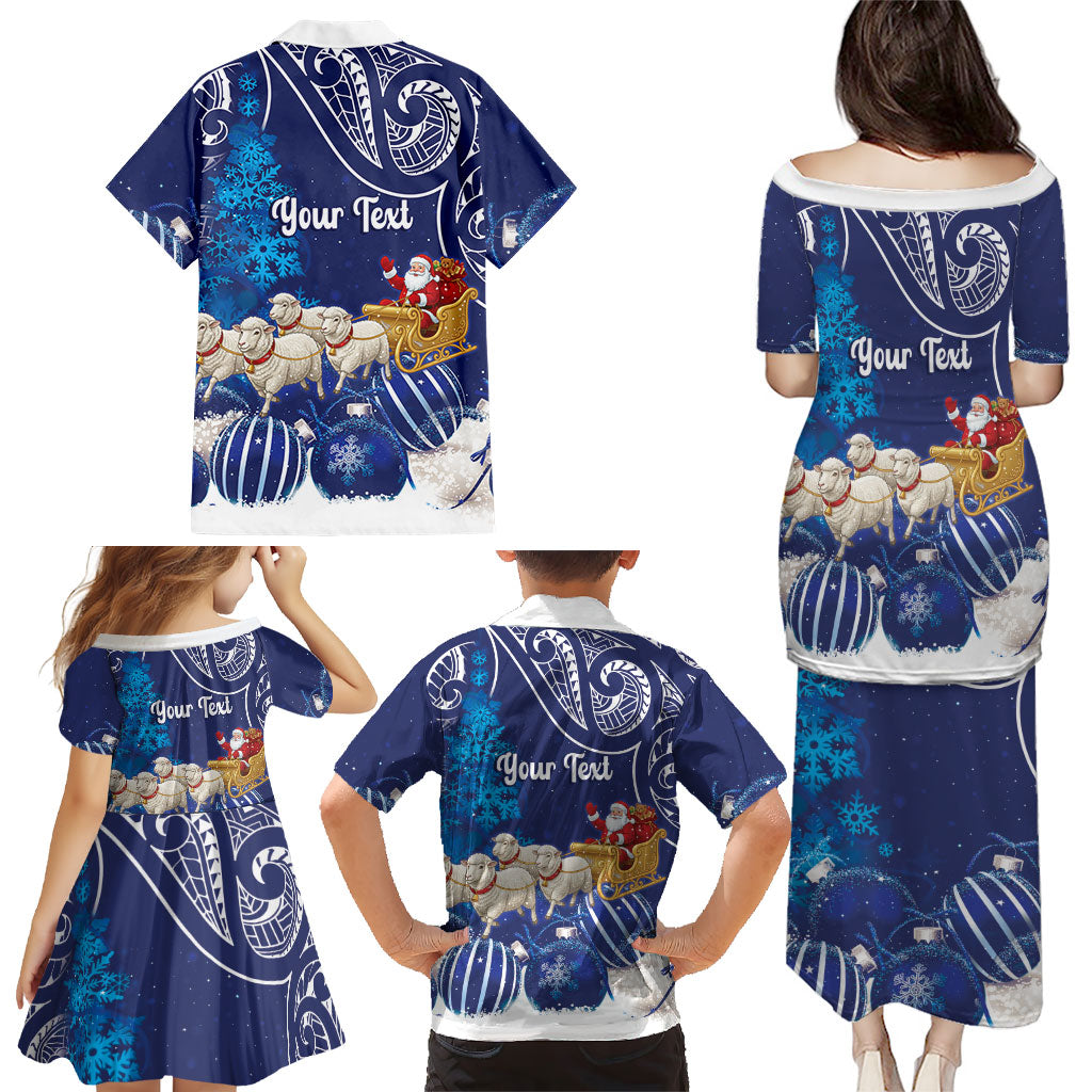 New Zealand Christmas In July Personalised Family Matching Puletasi and Hawaiian Shirt Funny Santa Sheep Meri Kirihimete Blue