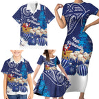 New Zealand Christmas In July Personalised Family Matching Short Sleeve Bodycon Dress and Hawaiian Shirt Funny Santa Sheep Meri Kirihimete Blue