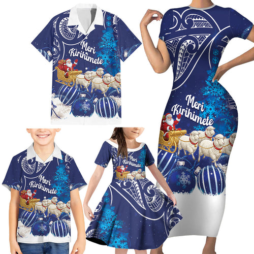 New Zealand Christmas In July Personalised Family Matching Short Sleeve Bodycon Dress and Hawaiian Shirt Funny Santa Sheep Meri Kirihimete Blue