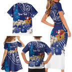 New Zealand Christmas In July Personalised Family Matching Short Sleeve Bodycon Dress and Hawaiian Shirt Funny Santa Sheep Meri Kirihimete Blue