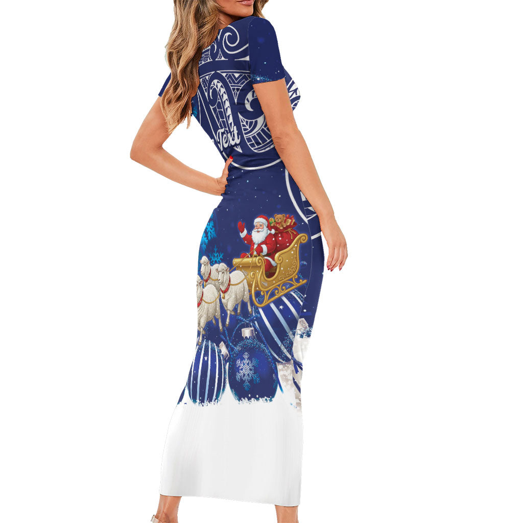 New Zealand Christmas In July Personalised Family Matching Short Sleeve Bodycon Dress and Hawaiian Shirt Funny Santa Sheep Meri Kirihimete Blue