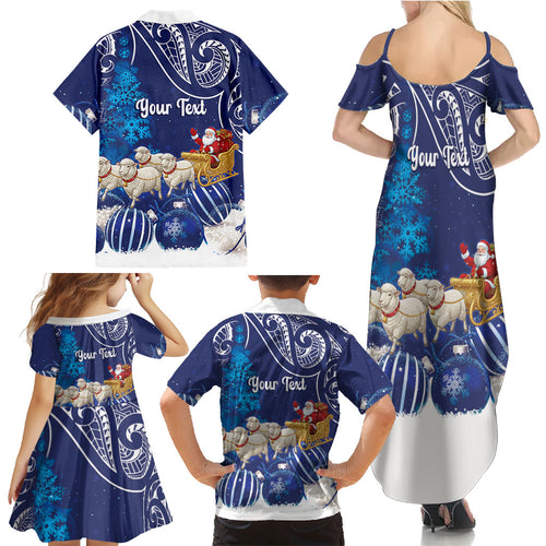 New Zealand Christmas In July Personalised Family Matching Summer Maxi Dress and Hawaiian Shirt Funny Santa Sheep Meri Kirihimete Blue