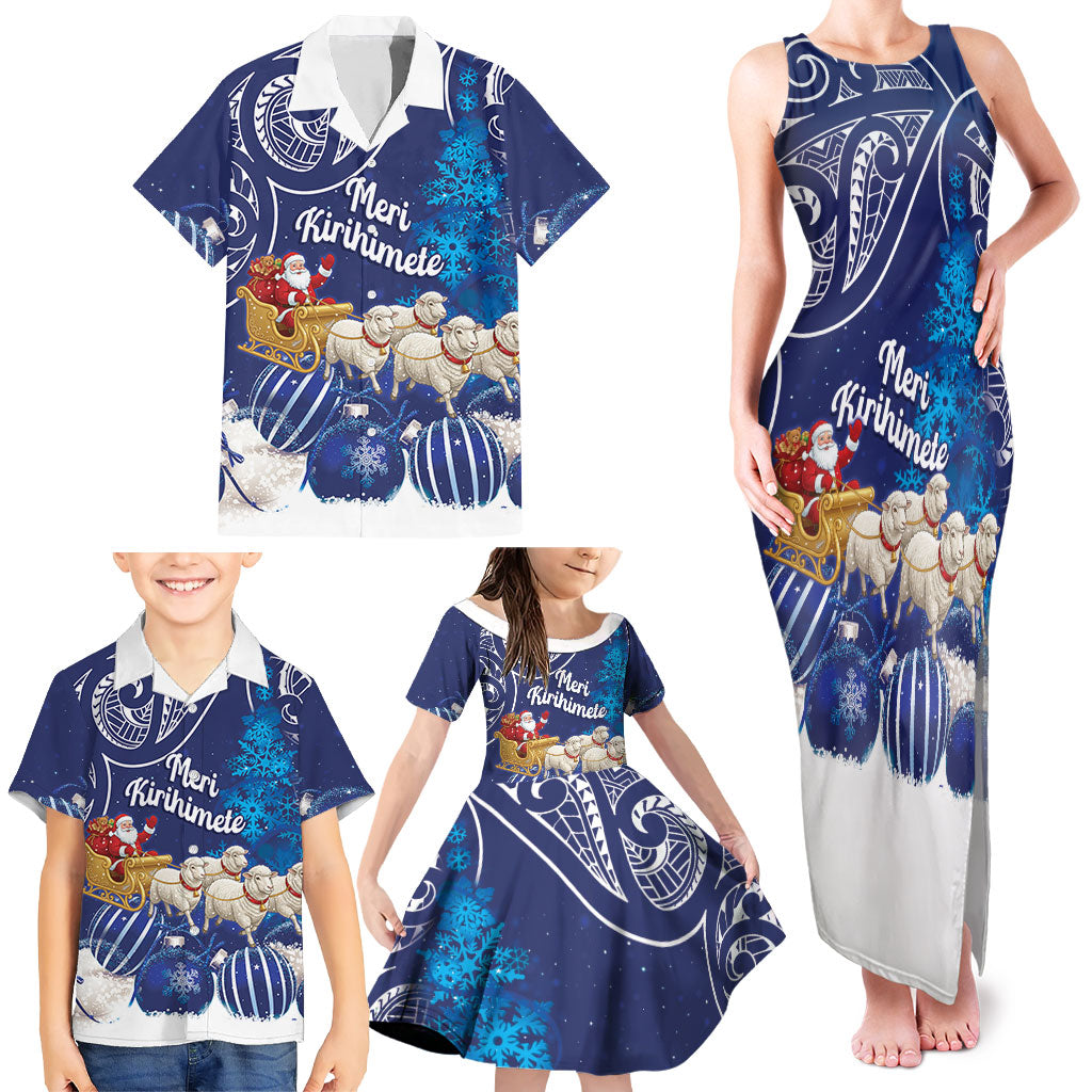 New Zealand Christmas In July Personalised Family Matching Tank Maxi Dress and Hawaiian Shirt Funny Santa Sheep Meri Kirihimete Blue