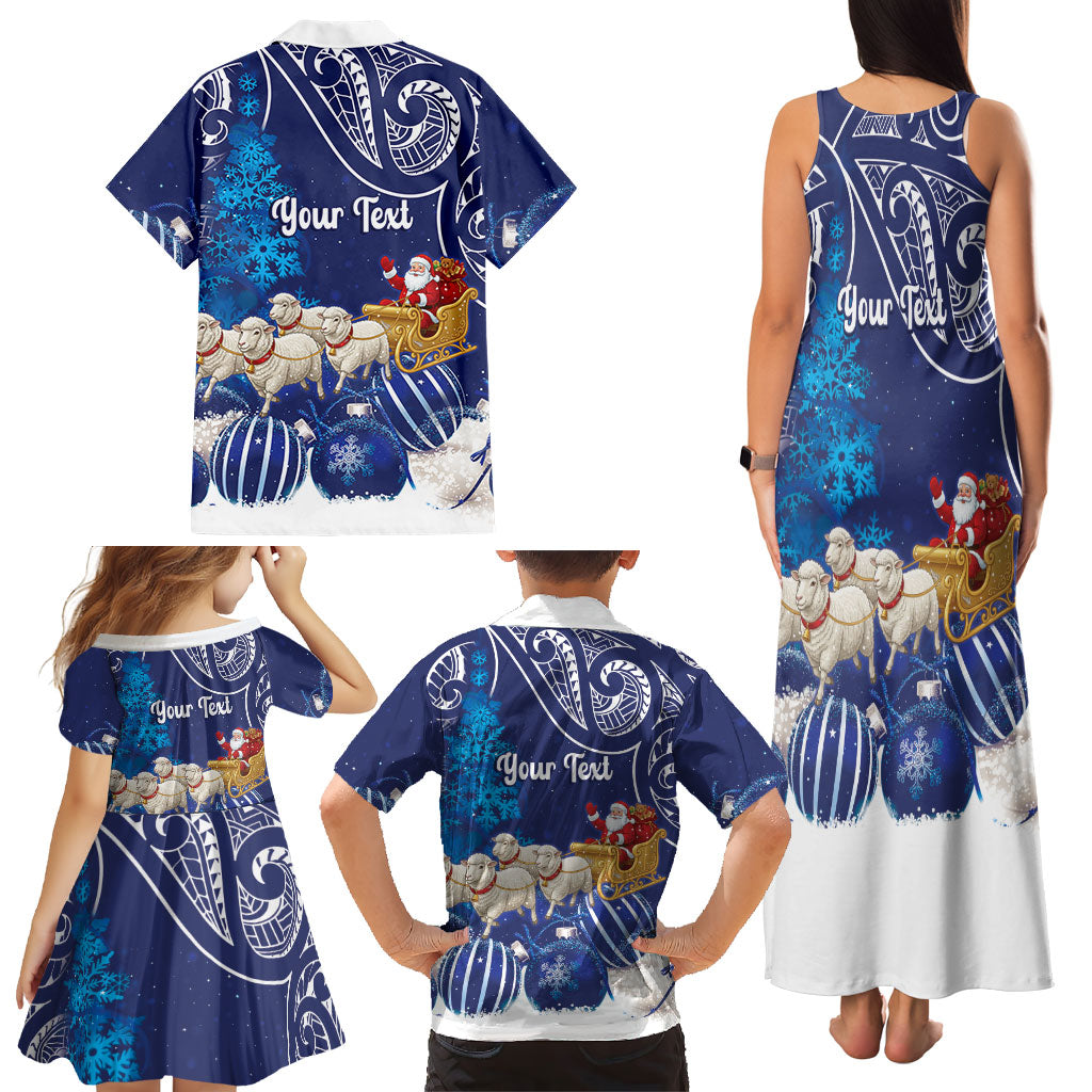 New Zealand Christmas In July Personalised Family Matching Tank Maxi Dress and Hawaiian Shirt Funny Santa Sheep Meri Kirihimete Blue