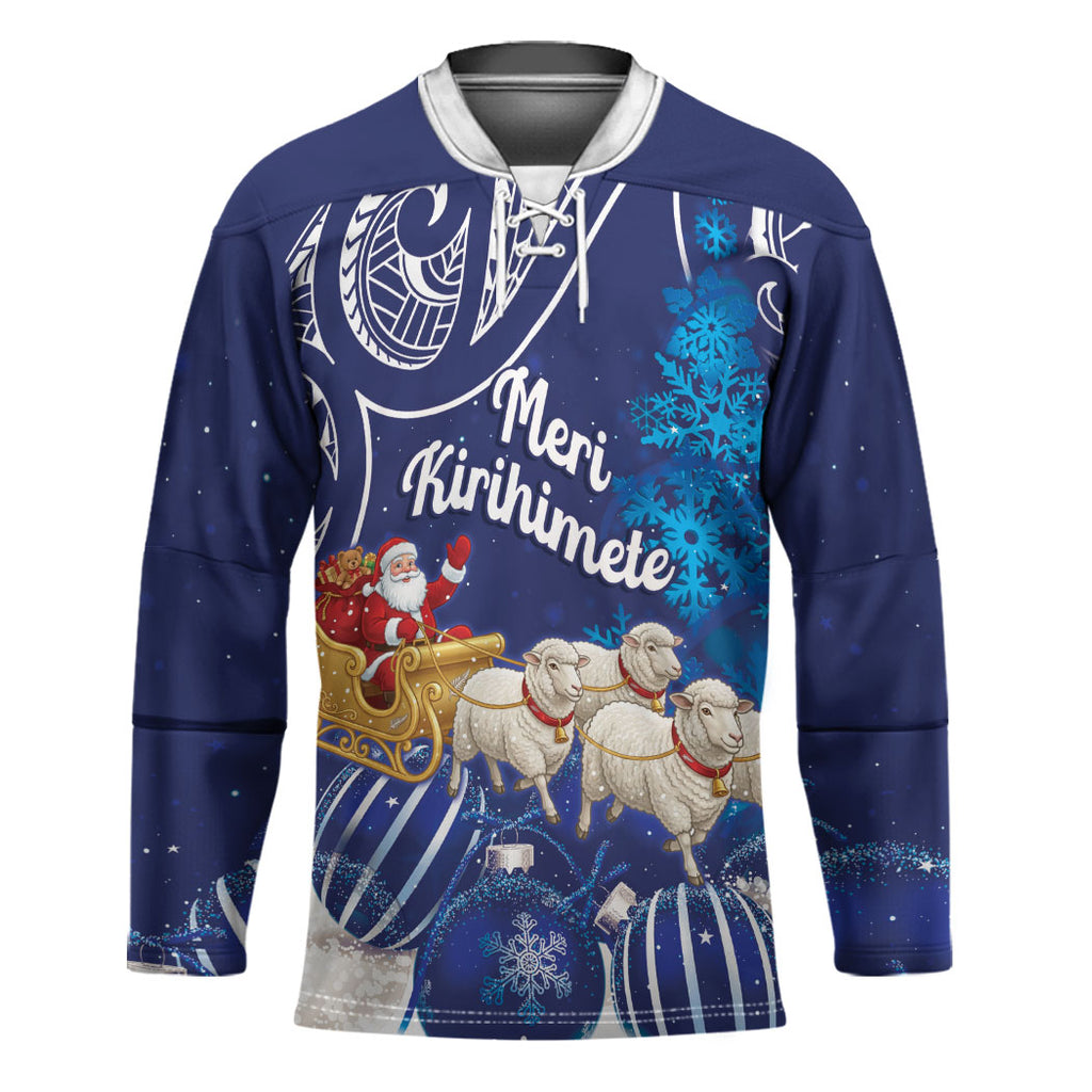 New Zealand Christmas In July Personalised Hockey Jersey Funny Santa Sheep Meri Kirihimete Blue