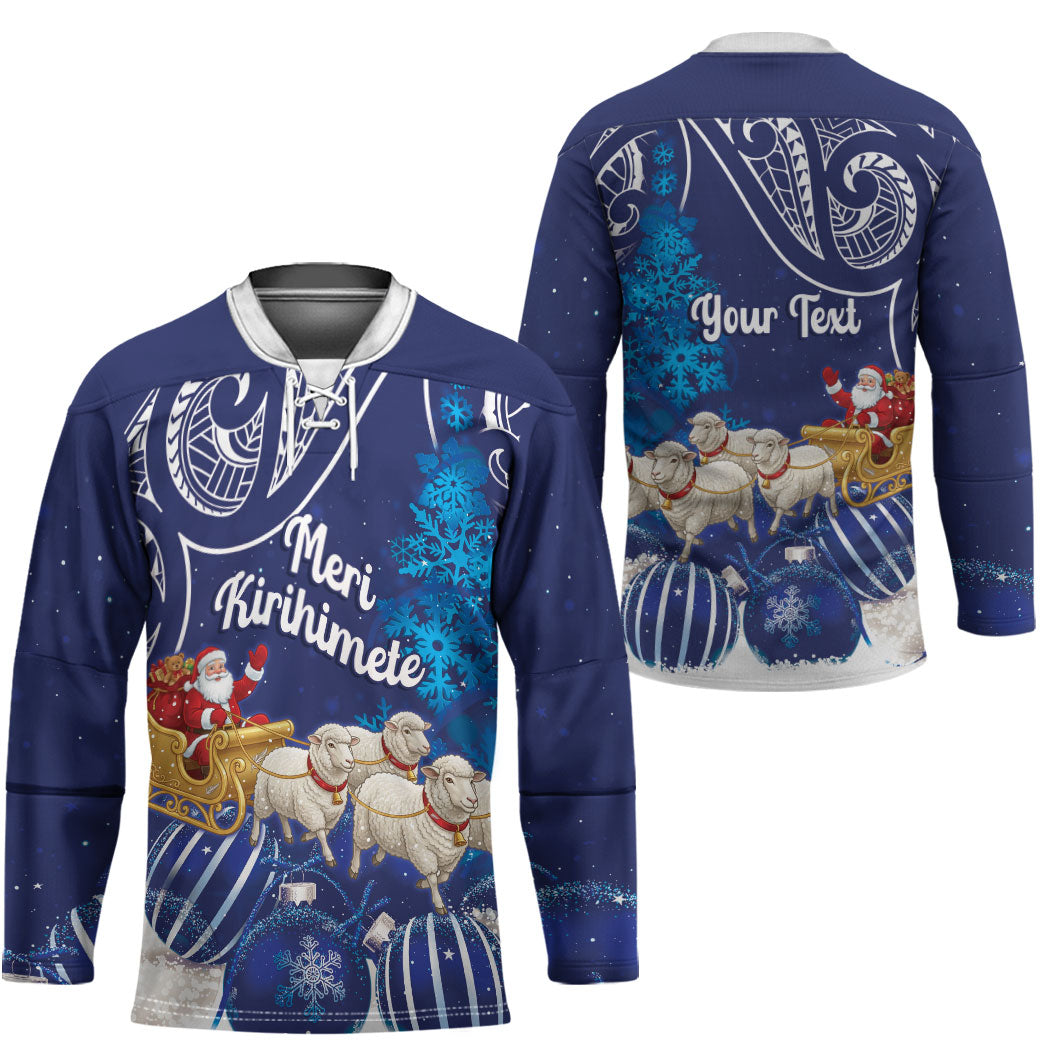 New Zealand Christmas In July Personalised Hockey Jersey Funny Santa Sheep Meri Kirihimete Blue