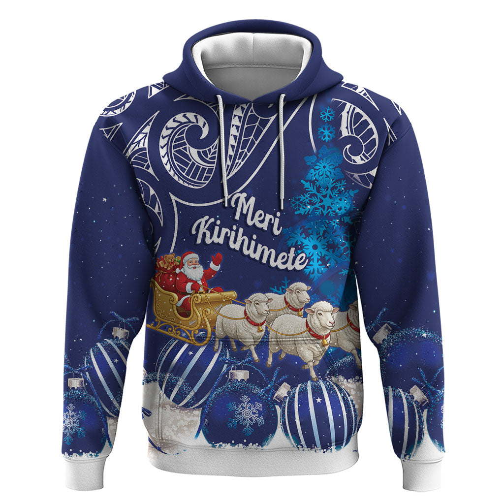 New Zealand Christmas In July Personalised Hoodie Funny Santa Sheep Meri Kirihimete Blue