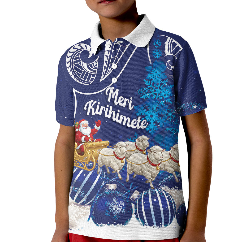 New Zealand Christmas In July Personalised Kid Polo Shirt Funny Santa Sheep Meri Kirihimete Blue
