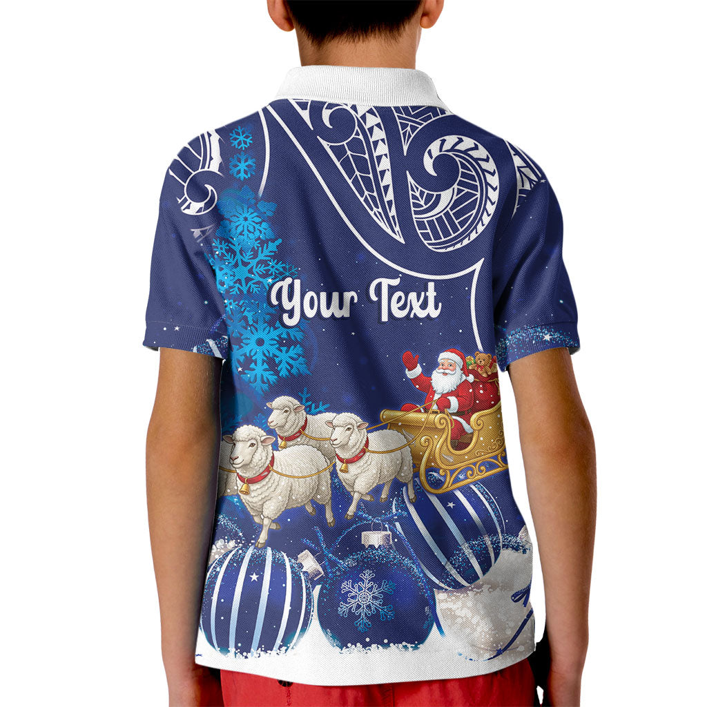 New Zealand Christmas In July Personalised Kid Polo Shirt Funny Santa Sheep Meri Kirihimete Blue