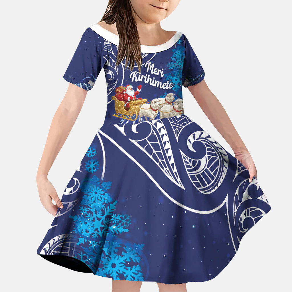 New Zealand Christmas In July Personalised Kid Short Sleeve Dress Funny Santa Sheep Meri Kirihimete Blue