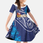 New Zealand Christmas In July Personalised Kid Short Sleeve Dress Funny Santa Sheep Meri Kirihimete Blue