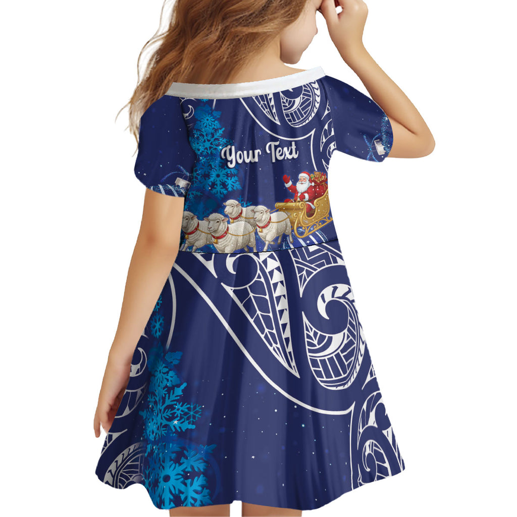 New Zealand Christmas In July Personalised Kid Short Sleeve Dress Funny Santa Sheep Meri Kirihimete Blue
