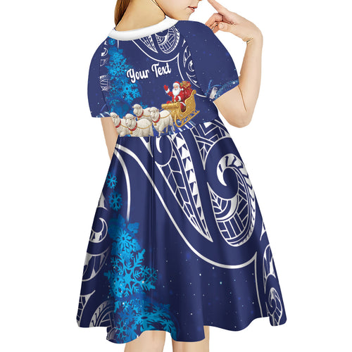 New Zealand Christmas In July Personalised Kid Short Sleeve Dress Funny Santa Sheep Meri Kirihimete Blue