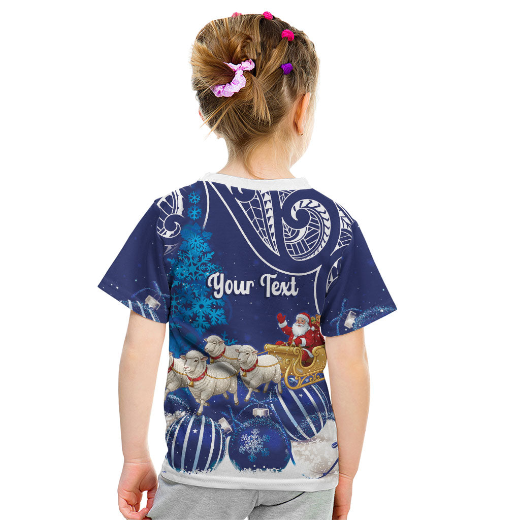 New Zealand Christmas In July Personalised Kid T Shirt Funny Santa Sheep Meri Kirihimete Blue
