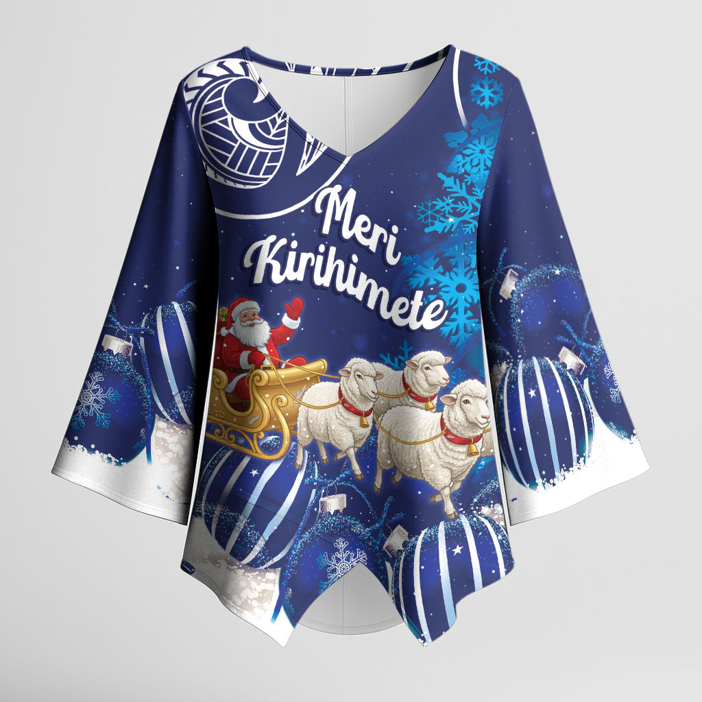 New Zealand Christmas In July Personalised Kimono Sleeve Blouse Funny Santa Sheep Meri Kirihimete Blue