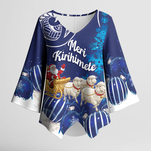 New Zealand Christmas In July Personalised Kimono Sleeve Blouse Funny Santa Sheep Meri Kirihimete Blue
