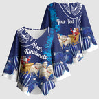 New Zealand Christmas In July Personalised Kimono Sleeve Blouse Funny Santa Sheep Meri Kirihimete Blue