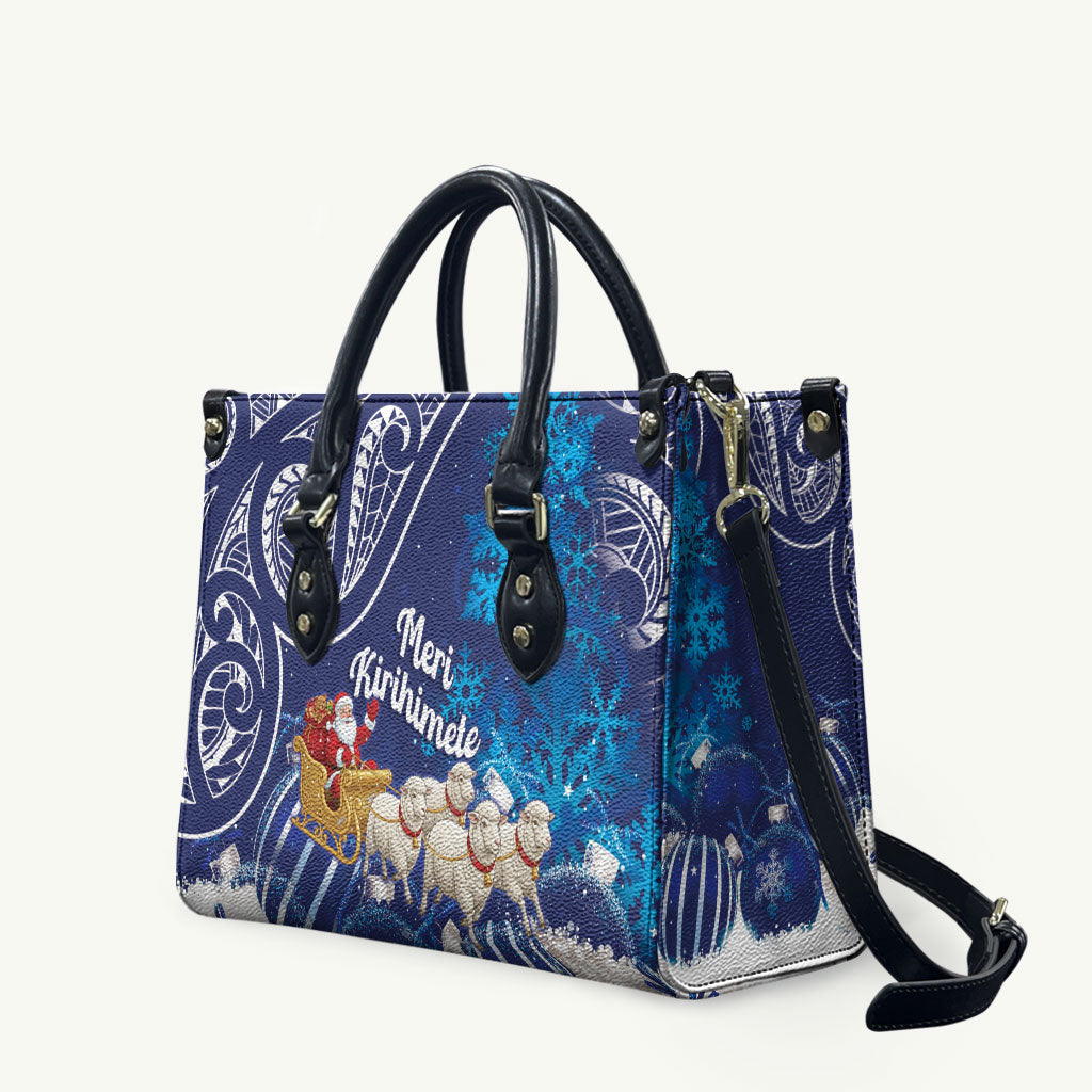 New Zealand Christmas In July Leather Bag Funny Santa Sheep Meri Kirihimete Blue