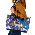 New Zealand Christmas In July Leather Tote Bag Funny Santa Sheep Meri Kirihimete Blue