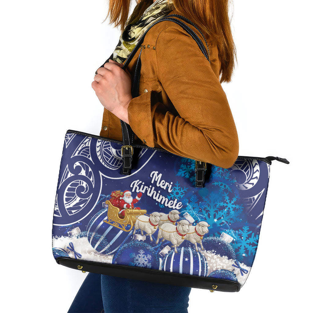 New Zealand Christmas In July Leather Tote Bag Funny Santa Sheep Meri Kirihimete Blue