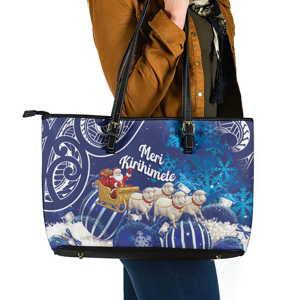 New Zealand Christmas In July Leather Tote Bag Funny Santa Sheep Meri Kirihimete Blue