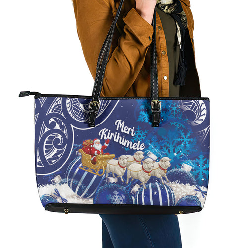 New Zealand Christmas In July Leather Tote Bag Funny Santa Sheep Meri Kirihimete Blue