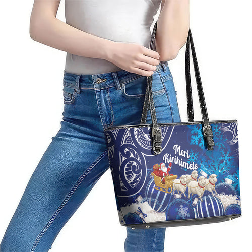 New Zealand Christmas In July Leather Tote Bag Funny Santa Sheep Meri Kirihimete Blue