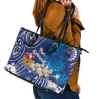 New Zealand Christmas In July Leather Tote Bag Funny Santa Sheep Meri Kirihimete Blue