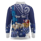New Zealand Christmas In July Personalised Long Sleeve Polo Shirt Funny Santa Sheep Meri Kirihimete Blue