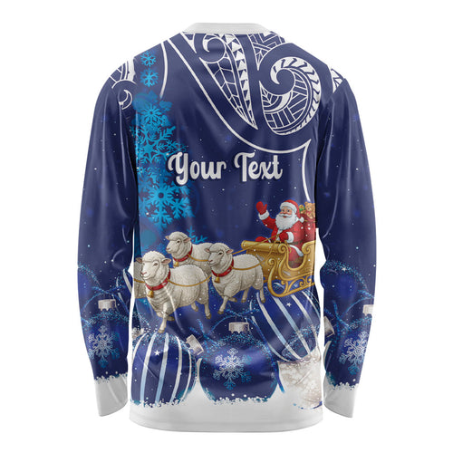 New Zealand Christmas In July Personalised Long Sleeve Shirt Funny Santa Sheep Meri Kirihimete Blue