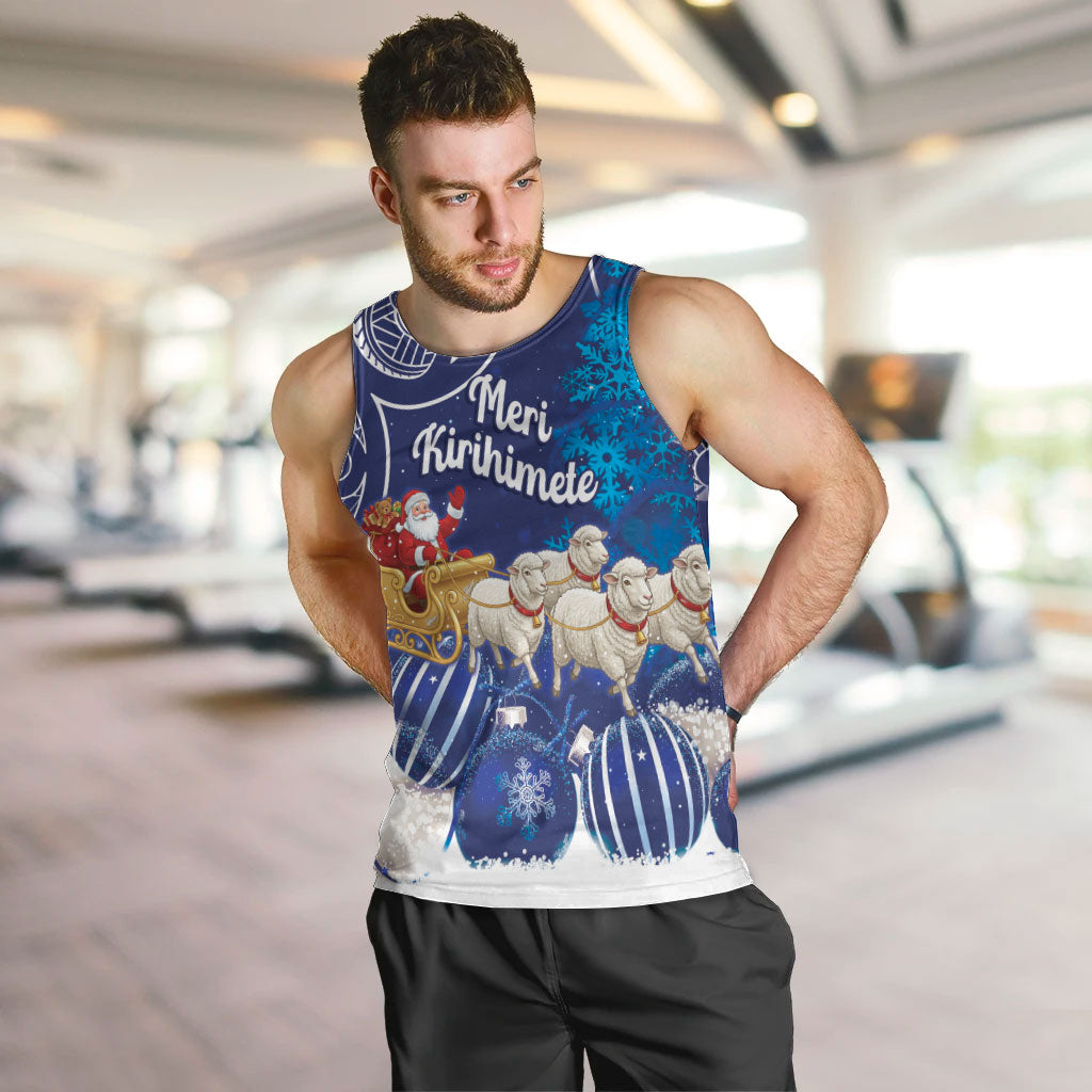 New Zealand Christmas In July Personalised Men Tank Top Funny Santa Sheep Meri Kirihimete Blue