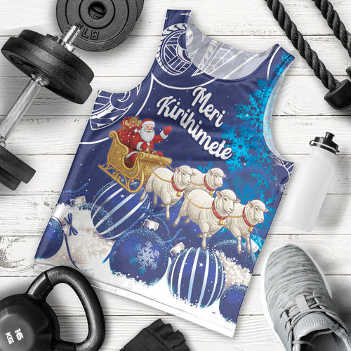New Zealand Christmas In July Personalised Men Tank Top Funny Santa Sheep Meri Kirihimete Blue