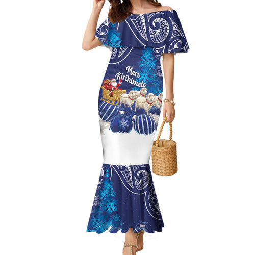 New Zealand Christmas In July Personalised Mermaid Dress Funny Santa Sheep Meri Kirihimete Blue