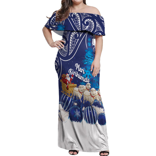 New Zealand Christmas In July Personalised Off Shoulder Maxi Dress Funny Santa Sheep Meri Kirihimete Blue
