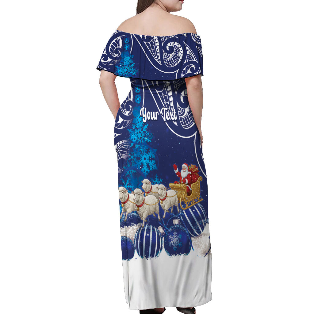 New Zealand Christmas In July Personalised Off Shoulder Maxi Dress Funny Santa Sheep Meri Kirihimete Blue