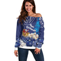 New Zealand Christmas In July Personalised Off Shoulder Sweater Funny Santa Sheep Meri Kirihimete Blue