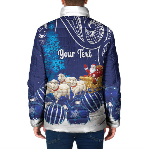 New Zealand Christmas In July Personalised Padded Jacket Funny Santa Sheep Meri Kirihimete Blue