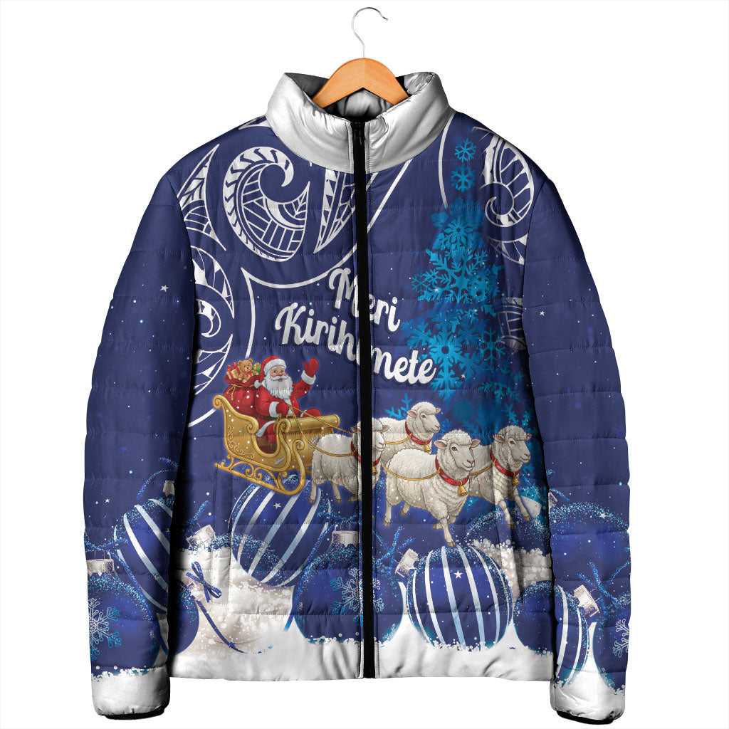 New Zealand Christmas In July Personalised Padded Jacket Funny Santa Sheep Meri Kirihimete Blue