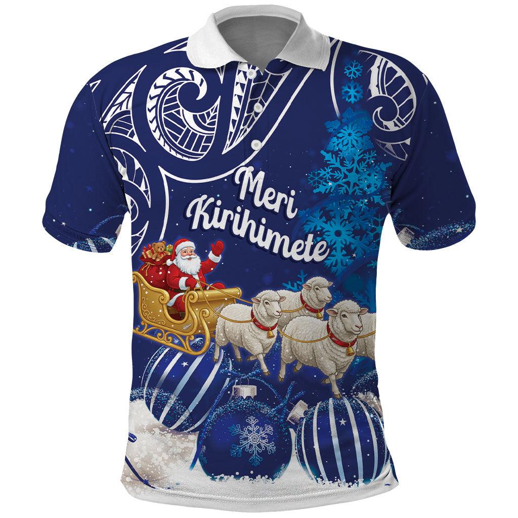 New Zealand Christmas In July Personalised Polo Shirt Funny Santa Sheep Meri Kirihimete Blue