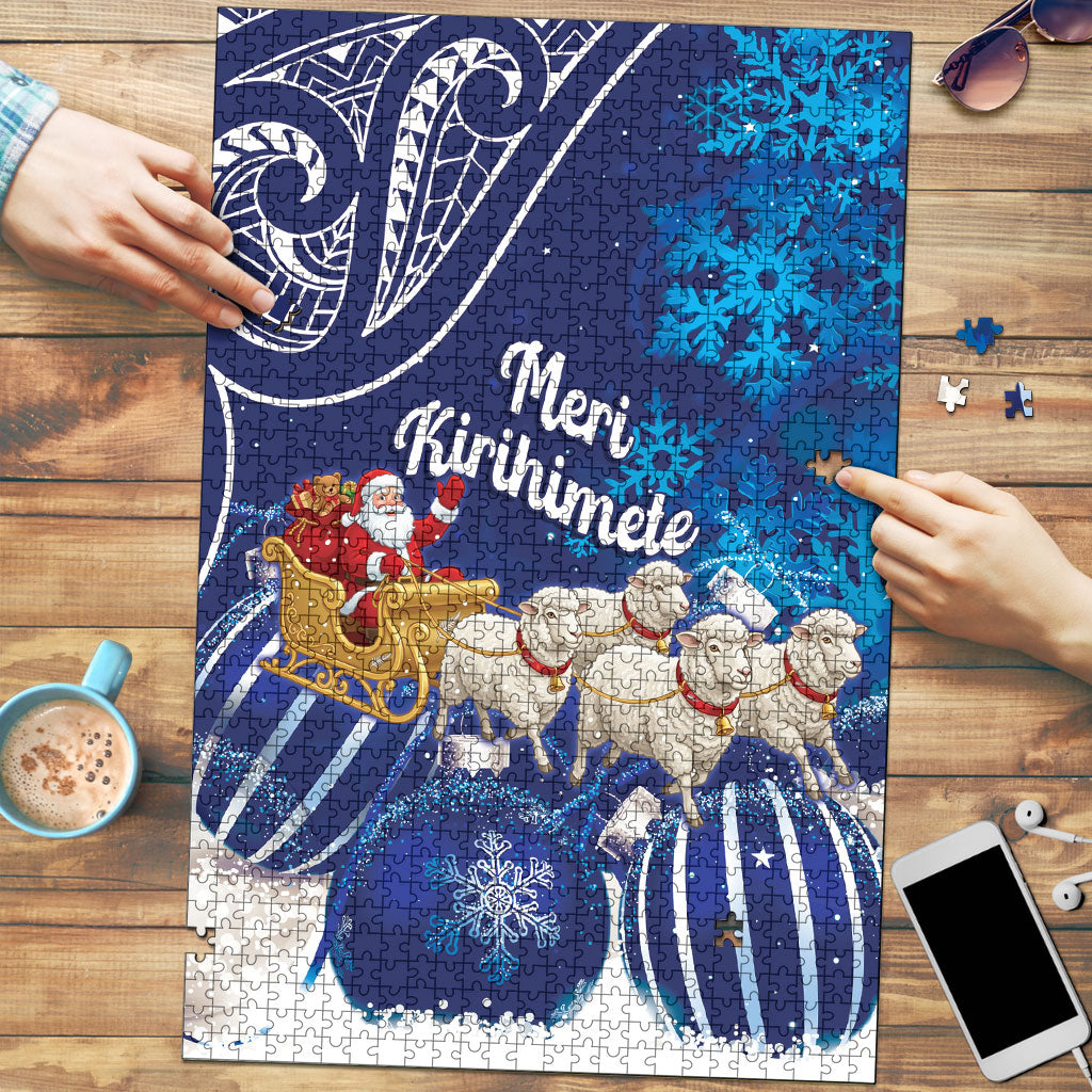 New Zealand Christmas In July Puzzle Funny Santa Sheep Meri Kirihimete Blue